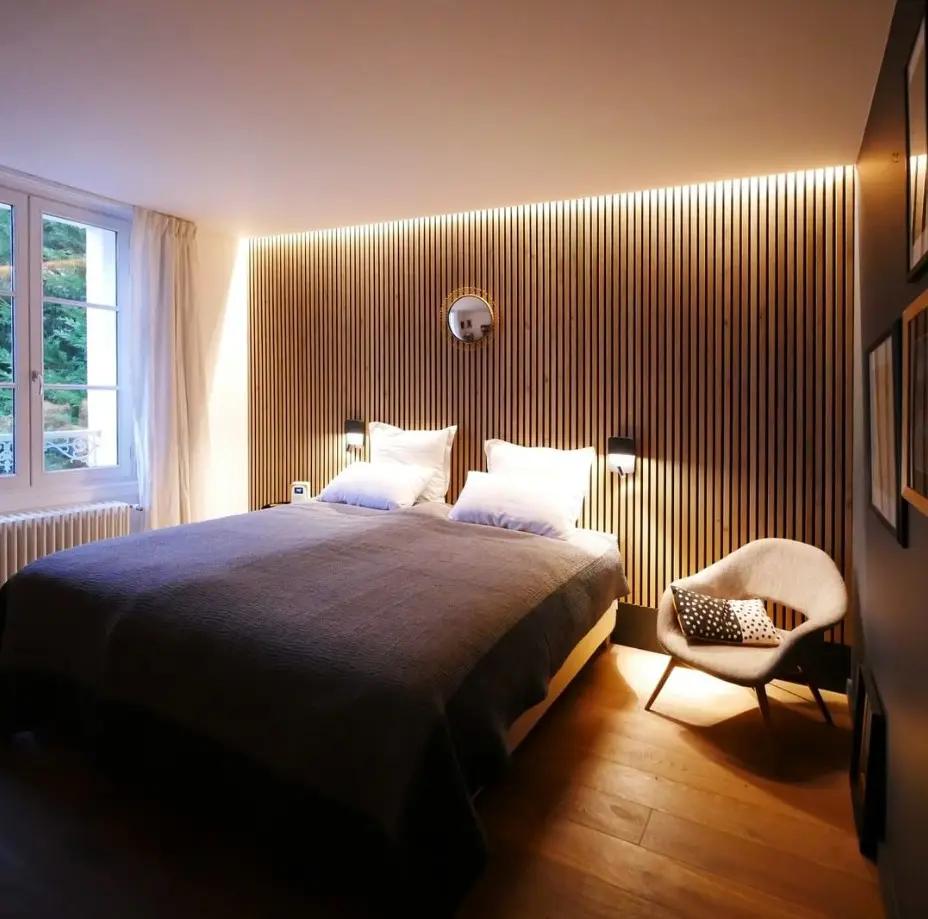 Acoustic slat wall panels installed in a residential project